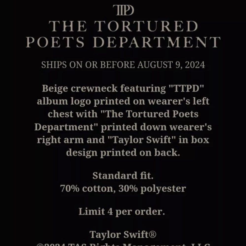 New Taylor Swift ttpd beige crewneck sweatshirt size small - Picture 5 of 12
